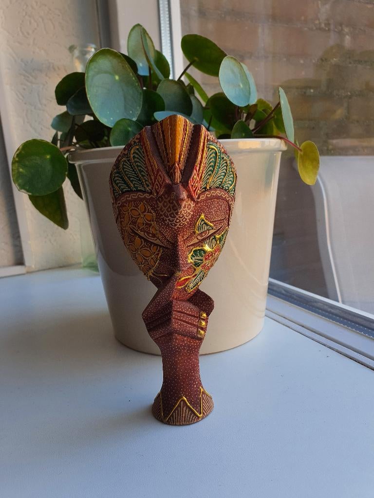 Handgemaakt Javaans staand masker – hout & goud, Antiek en Kunst, Kunst | Niet-Westerse kunst, Ophalen of Verzenden