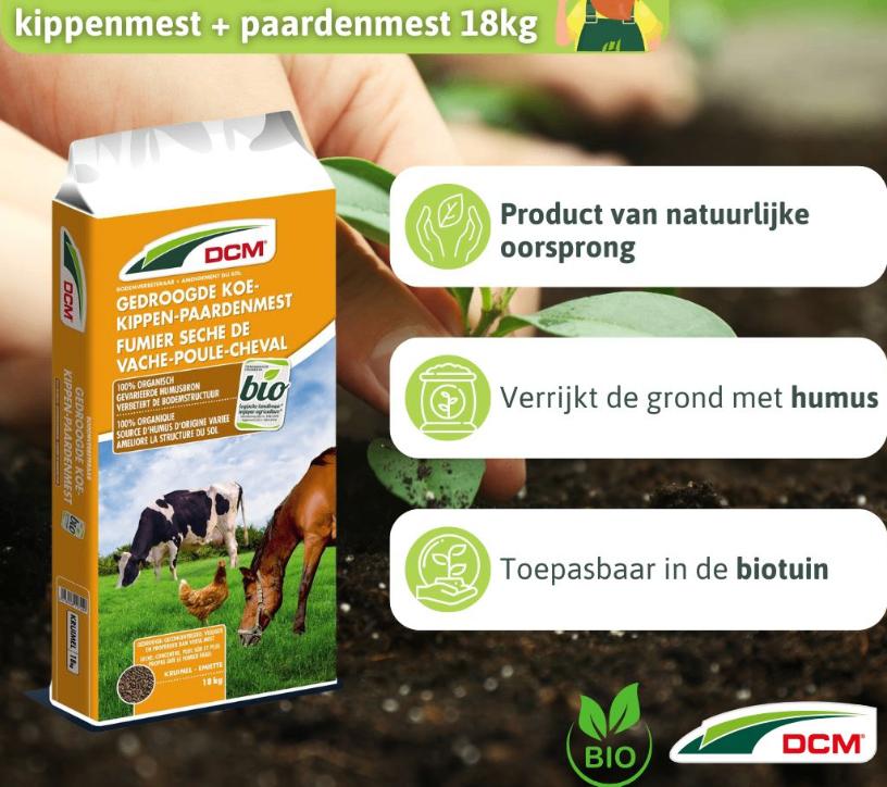 18 kilo gedroogde koe-, kippen & paardenmest - 18 kg - bio, Ophalen of Verzenden, Mest