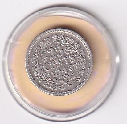 25 Cent 1943 PP met randtikje, Verzenden, Zilver, 25 cent, Koningin Wilhelmina