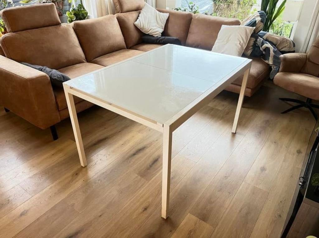 Uitschuifbare eettafel met glazen blad (IKEA), Gebruikt, 100 tot 150 cm, Glas, Vier personen