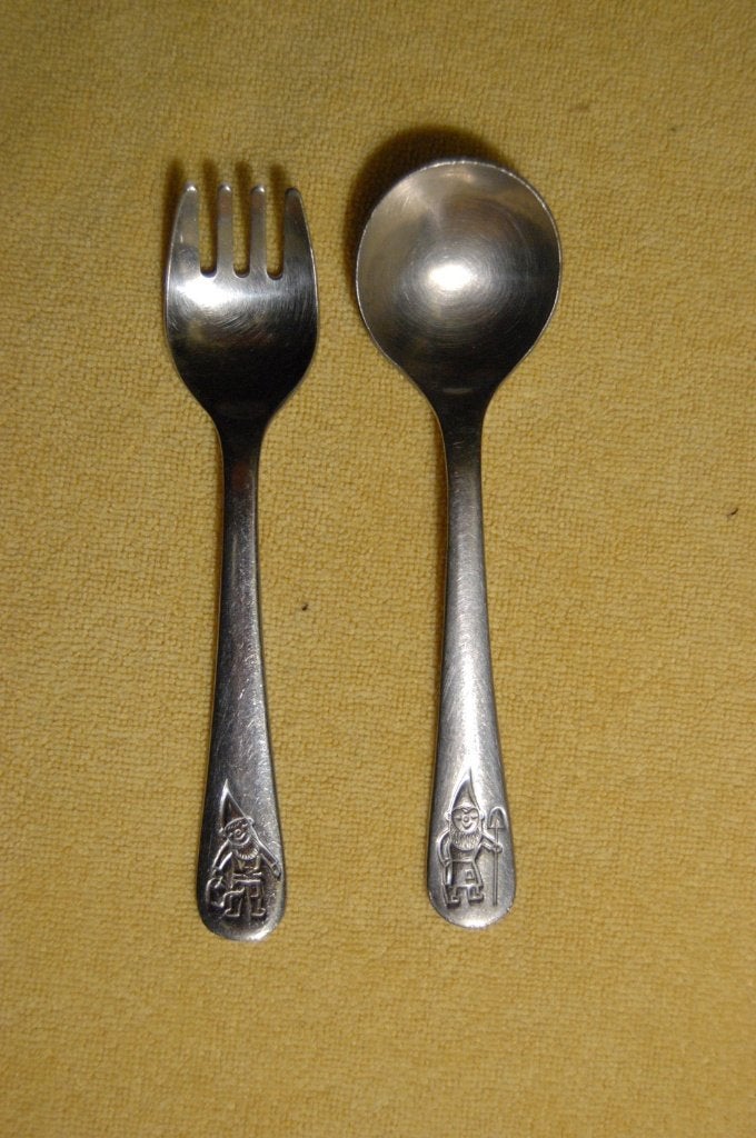 lepel + vork kabouters, Huis en Inrichting, Gebruikt, Kinderbestek, Los bestek, Ophalen of Verzenden
