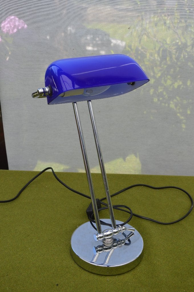 Notarislamp chroom met blauwe glazen kap model New York, Blauw, Gebruikt, E14 (klein), Ophalen of Verzenden