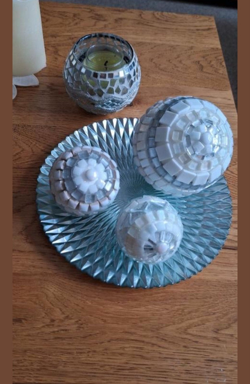 Schaal waxinelichtje en ballen decoratie, Ophalen of Verzenden, Zo goed als nieuw, Rond, Glas