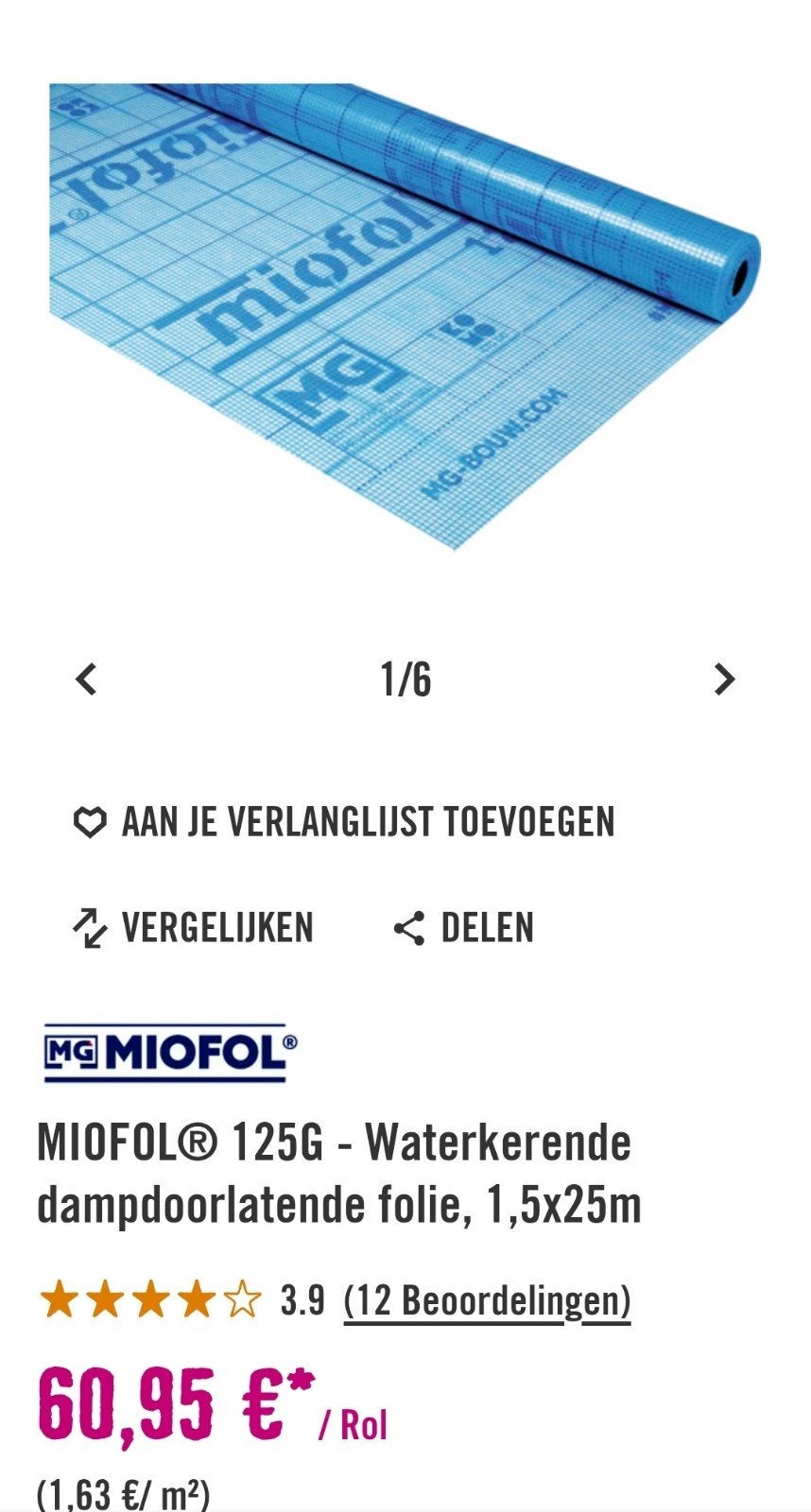 MIOFOL 125G Waterkerende dampdoorlatende folie 1,5m, Ophalen, Nieuw, 15 m² of meer, Folie