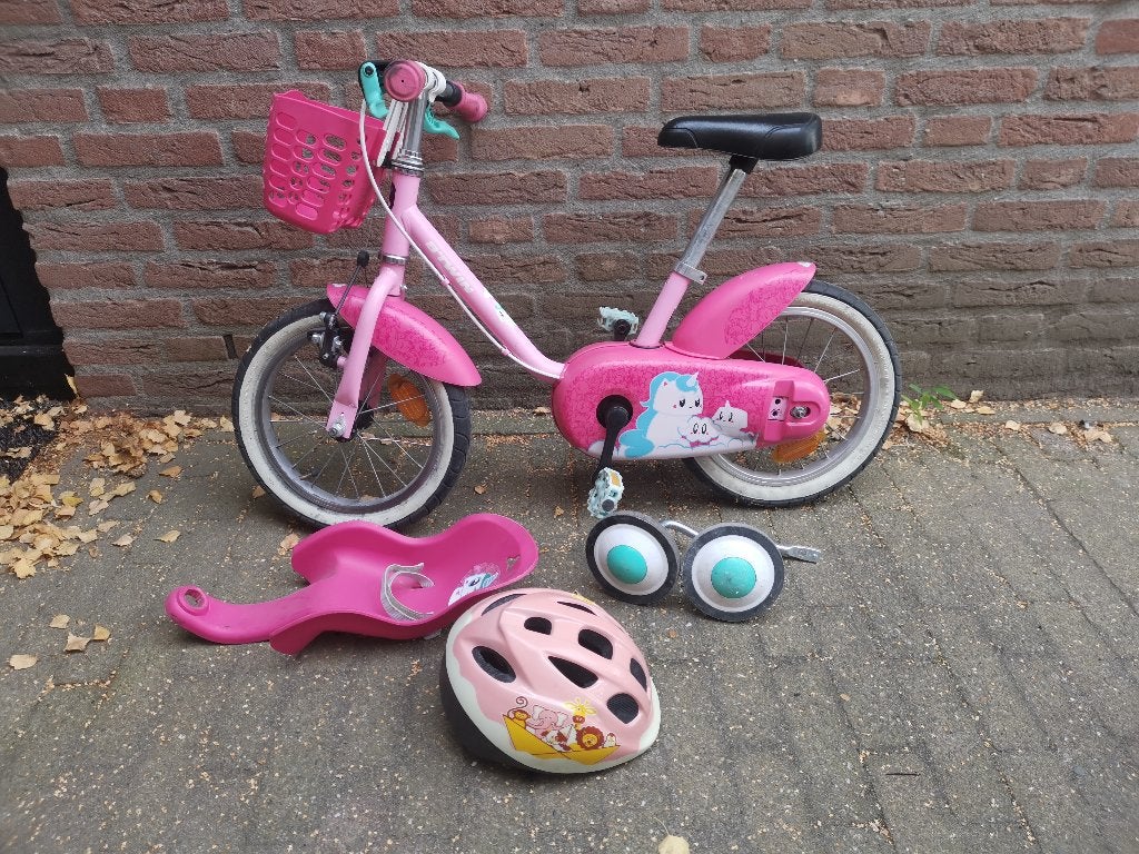 Roze BTWIN kinderfiets 14inch 3-5 jaar Unicorn + accesoires, Ophalen, Zijwieltjes, Gebruikt, Btwin (Decathlon)