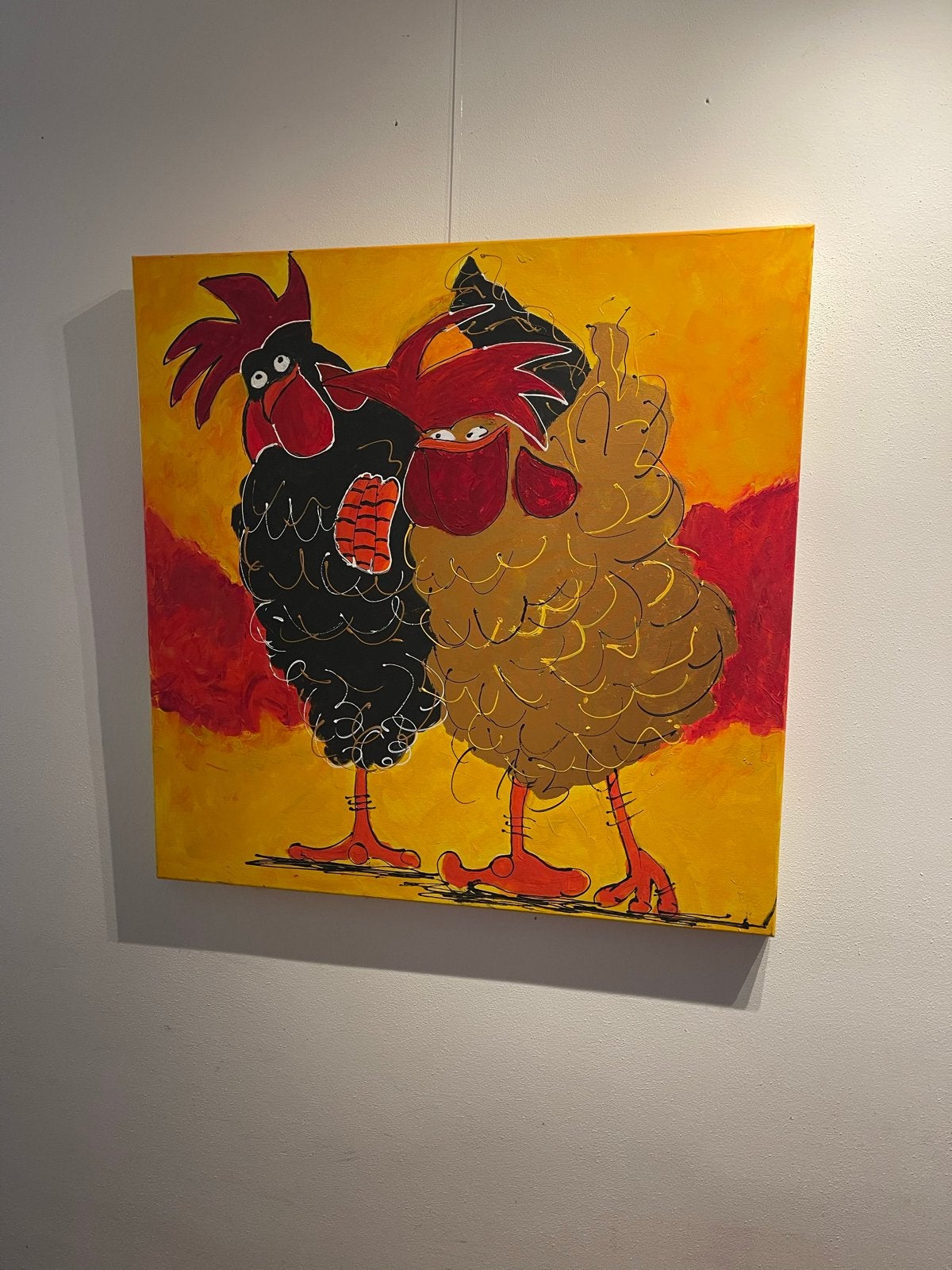 Schilderij ‘parmantige kippen' (100-100) van Herma Borsboom, Ophalen, Handgeschilderd, Acrylverf, Dieren