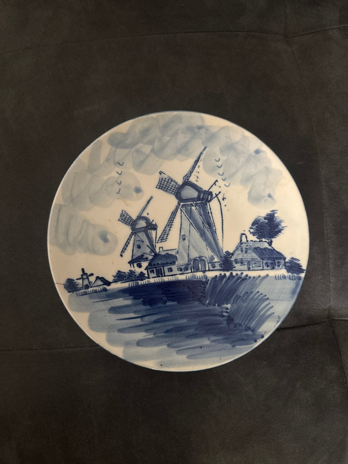 Handgeschilderd Delfts Blauw bord met molens, Ophalen of Verzenden