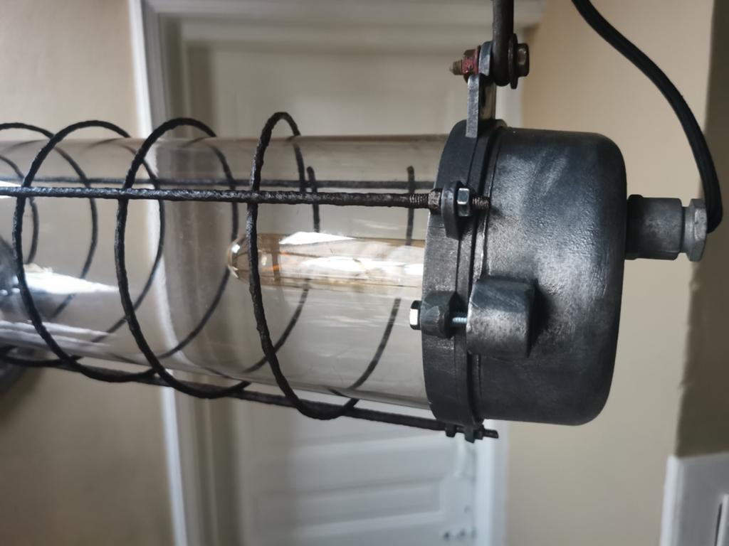 Oude Industriele hanglamp / bunkerlamp / tubelamp, Ophalen, Gebruikt, 50 tot 75 cm, Glas