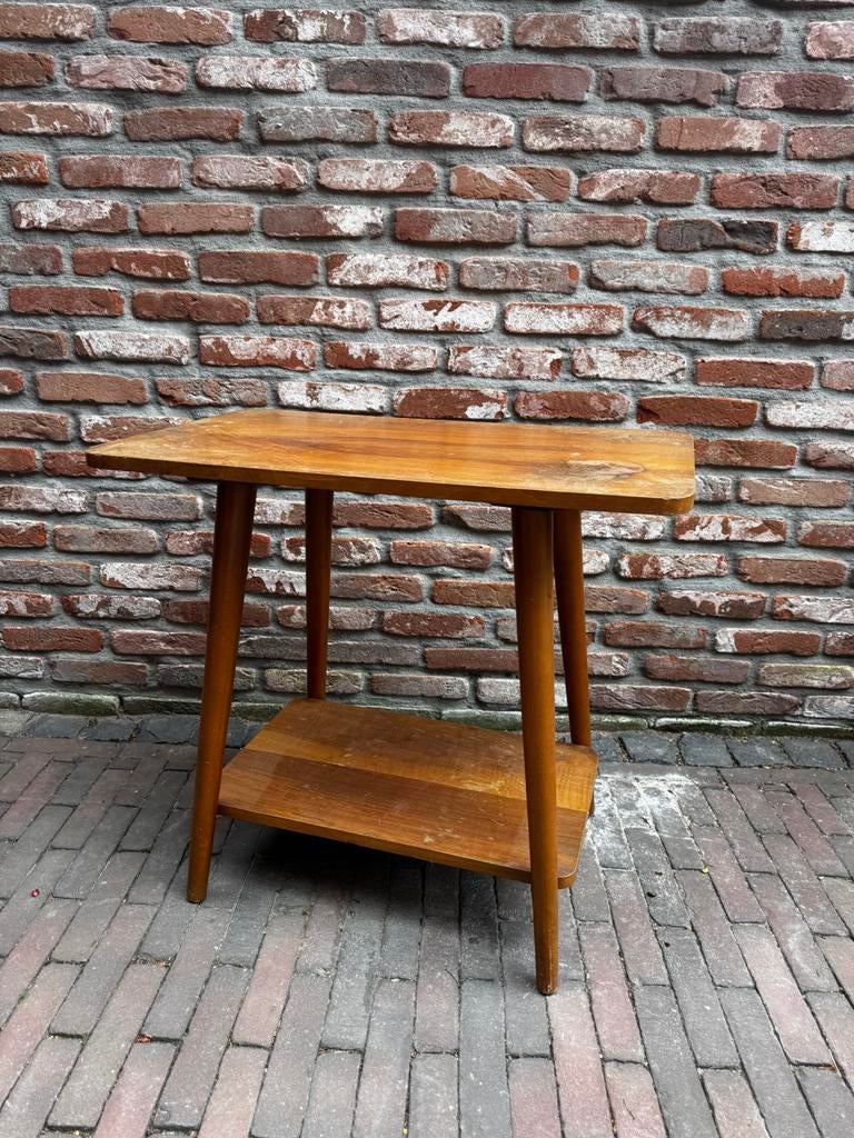 Vintage houten bijzettafel / plantentafel – jaren ’50 / ’60, Ophalen, Minder dan 55 cm, Gebruikt, 60 cm of meer