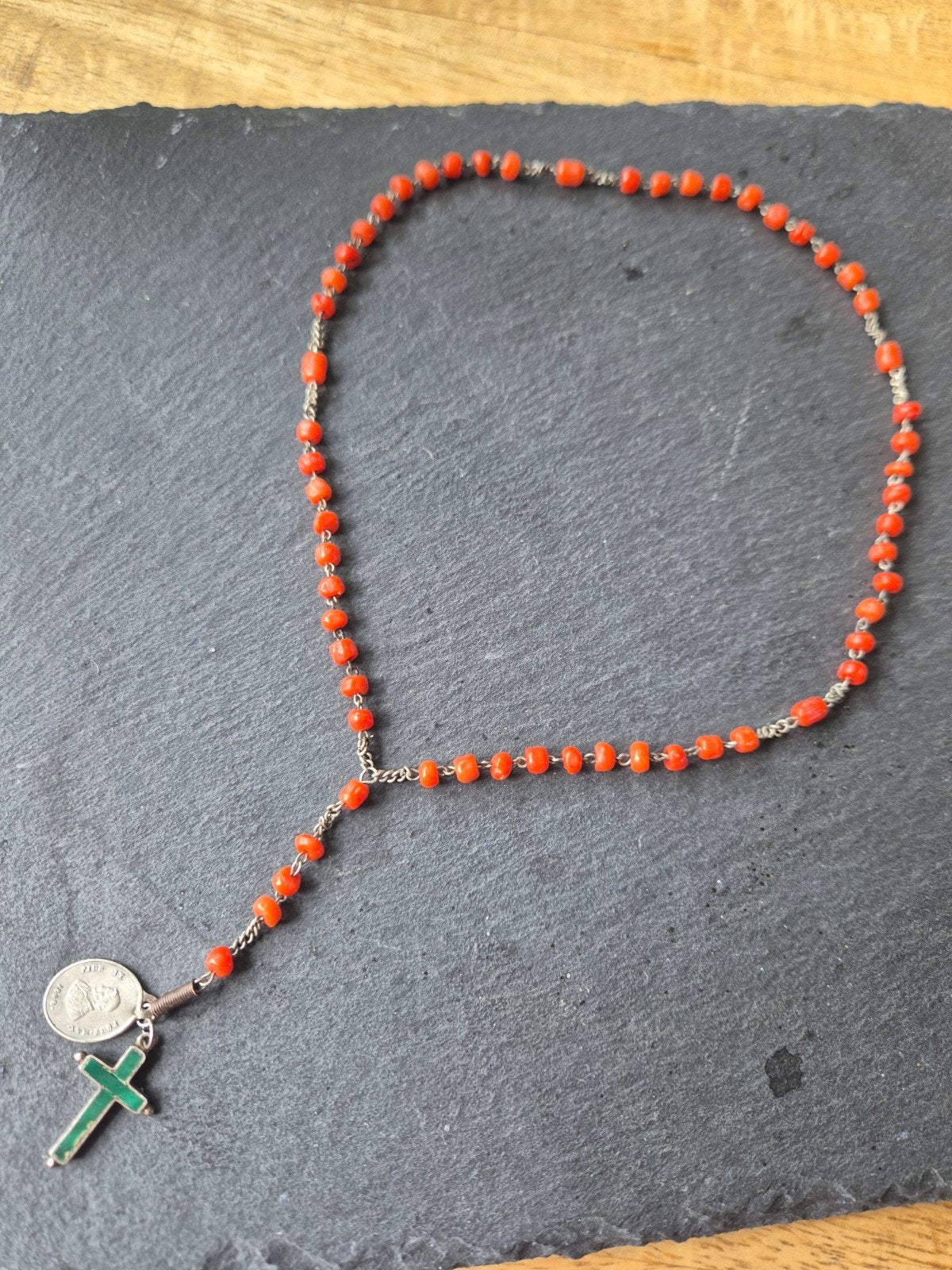 Antieke rozenkrans met koraal en paus Pius IX medaille, Ophalen of Verzenden