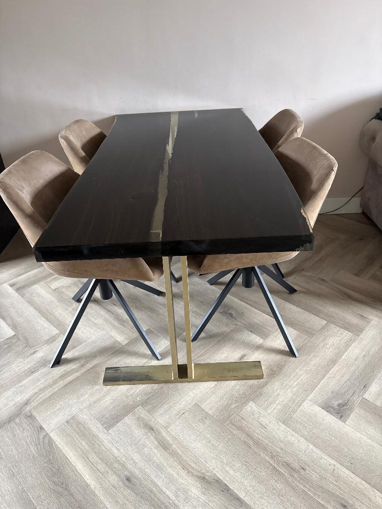 Epoxy tafel van ouds Amsterdam + eettafelstoelen, Ophalen, 50 tot 100 cm, Zo goed als nieuw, 150 tot 200 cm