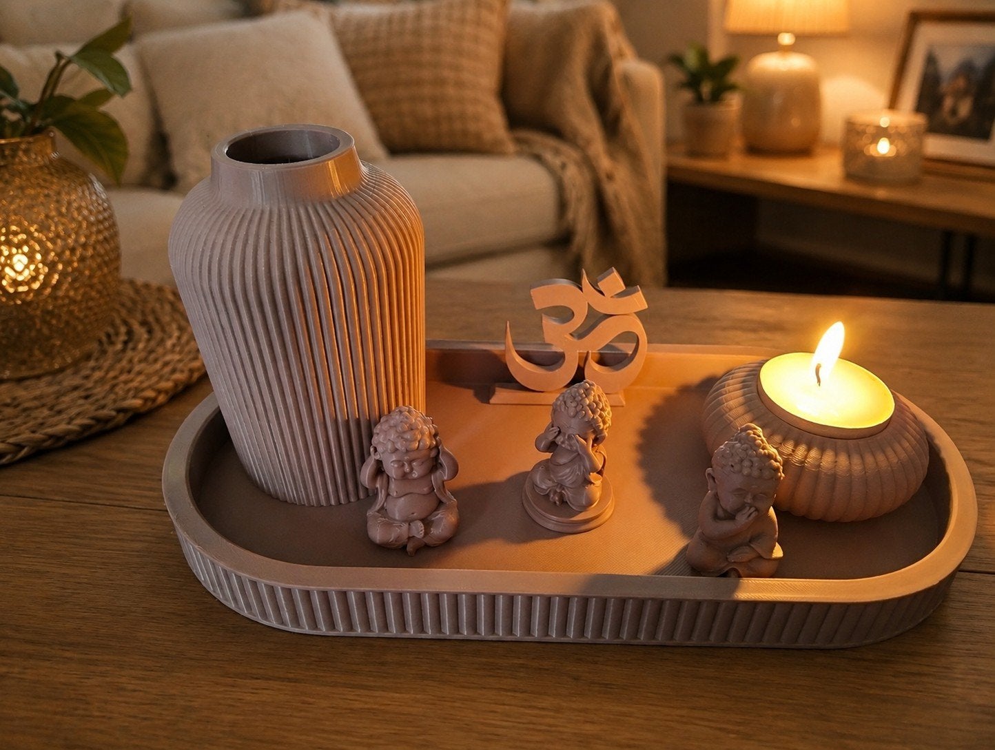 3D Geprinte Decoratieve Set: Vaas, Boeddha's, Dienblad, Beige, Nieuw, Kunststof, Ophalen of Verzenden