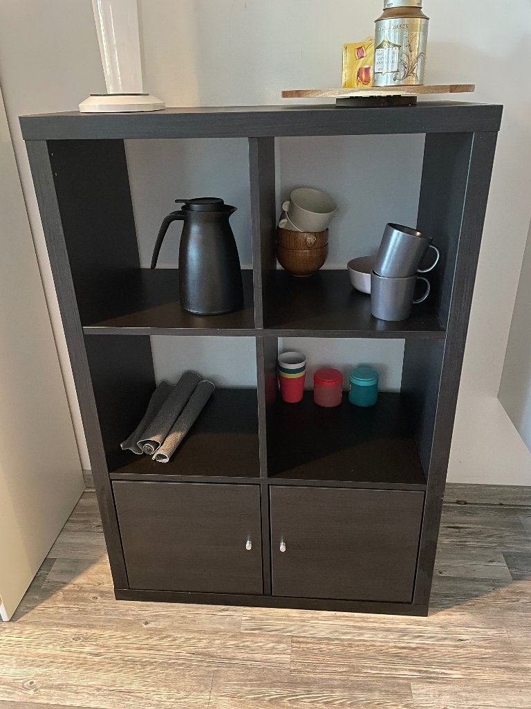 IKEA KALLAX Shelving unit, black-brown, with 3x2 boxes, Ophalen, 100 tot 150 cm, 50 tot 100 cm, 25 tot 50 cm