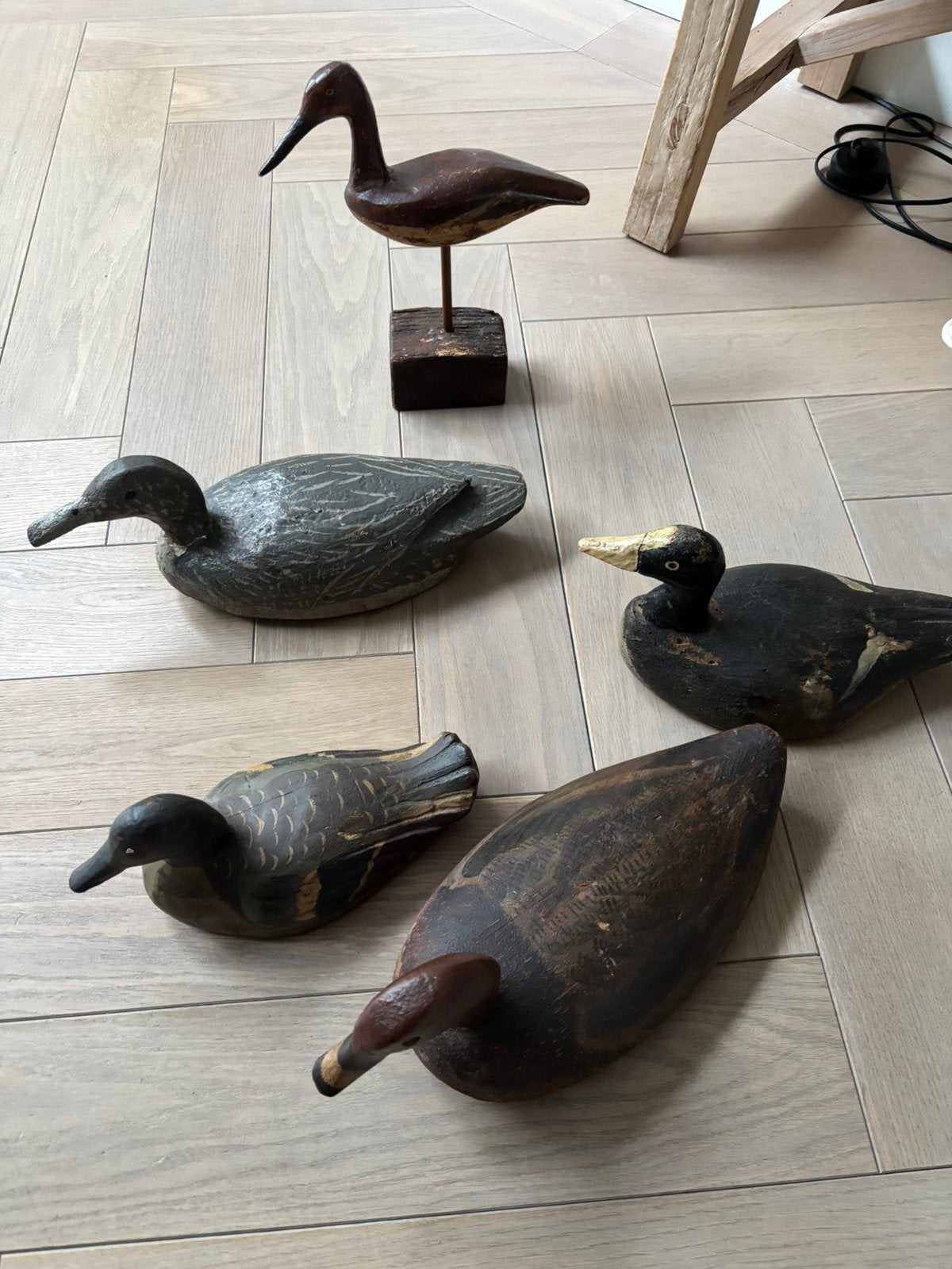 Antieke eenden + 1 vogel op stok, Ophalen of Verzenden