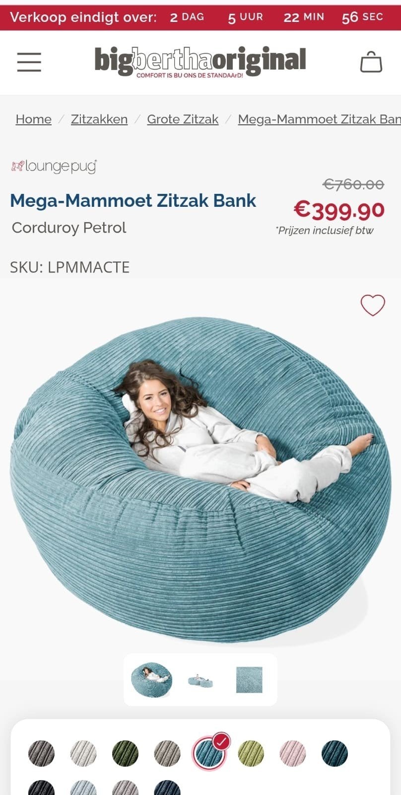 Big Berta Mega-Mammoet Zitzak Corduroy Petrol, Huis en Inrichting, Ophalen, Zo goed als nieuw, Blauw