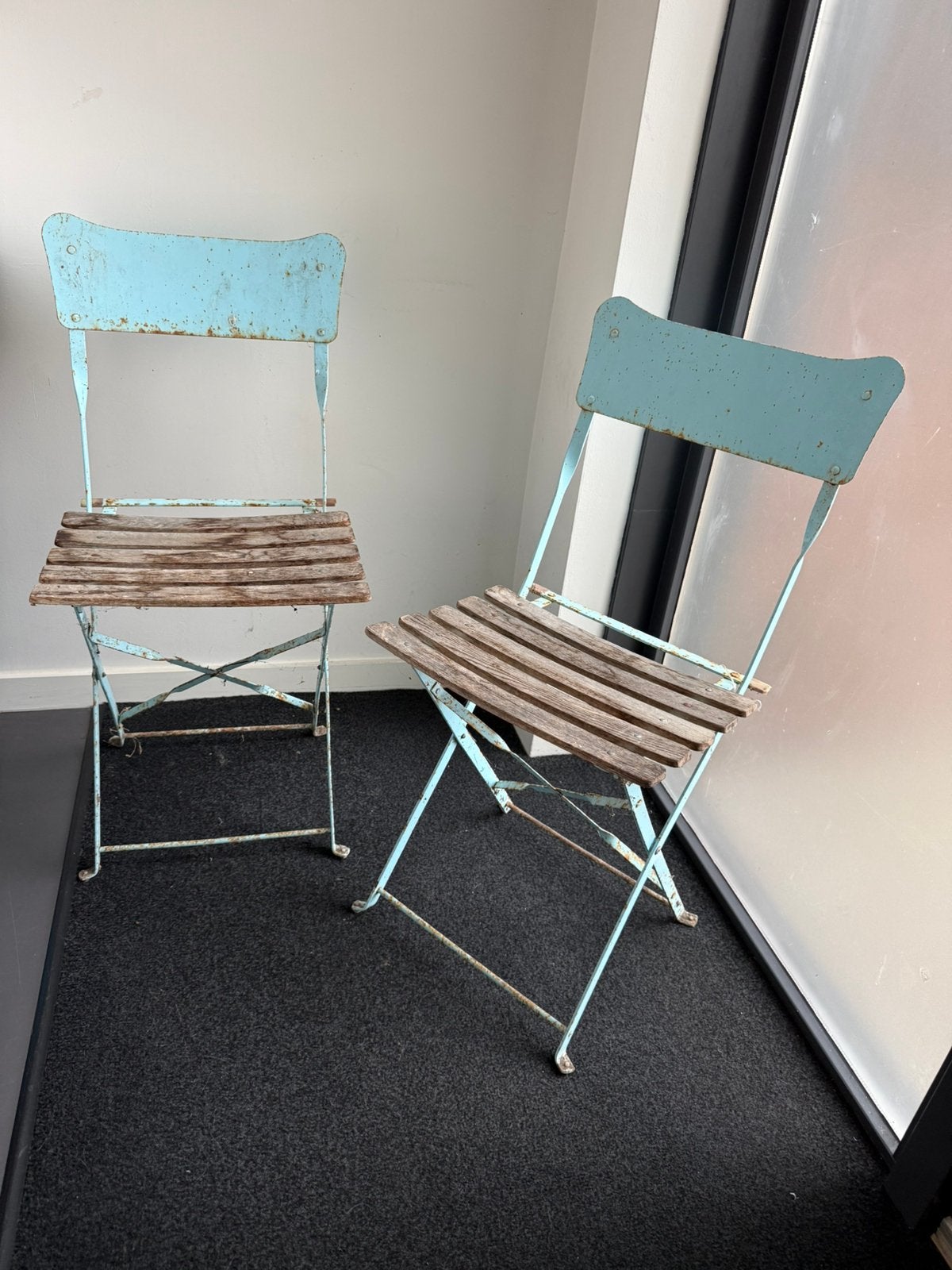 Set van 2 vintage metalen klapstoelen – €50 vaste prijs, Ophalen, Gebruikt, Twee, Franse/bistroachtige uitstraling