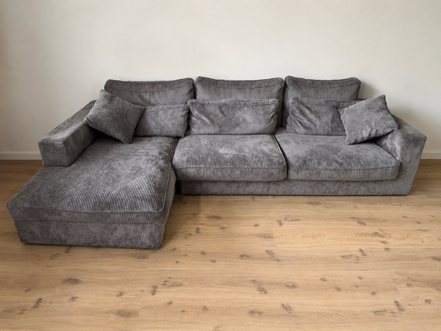Grijze ribstof loungebank - 305x105cm, lounge 180cm, Ophalen, Gebruikt, Stof