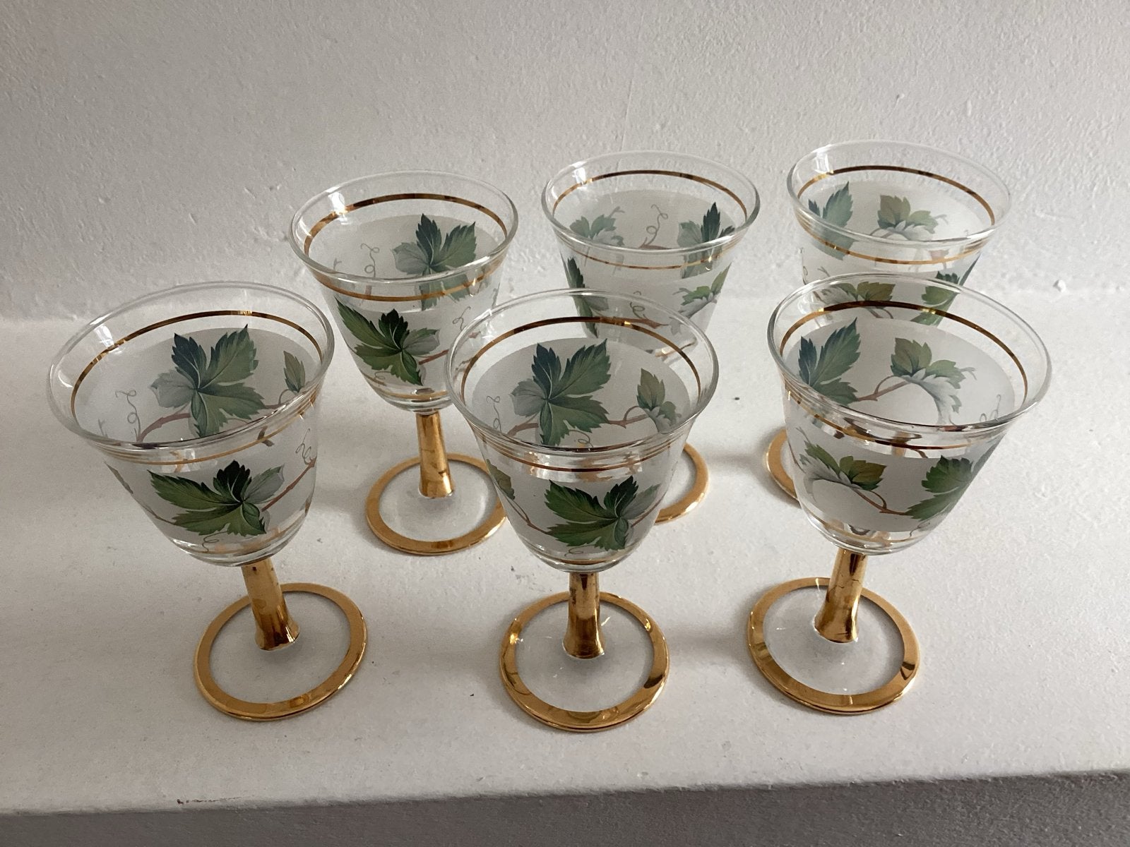 Set van 6 vintage borrelglaasjes met bladmotief, Antiek en Kunst, Ophalen of Verzenden