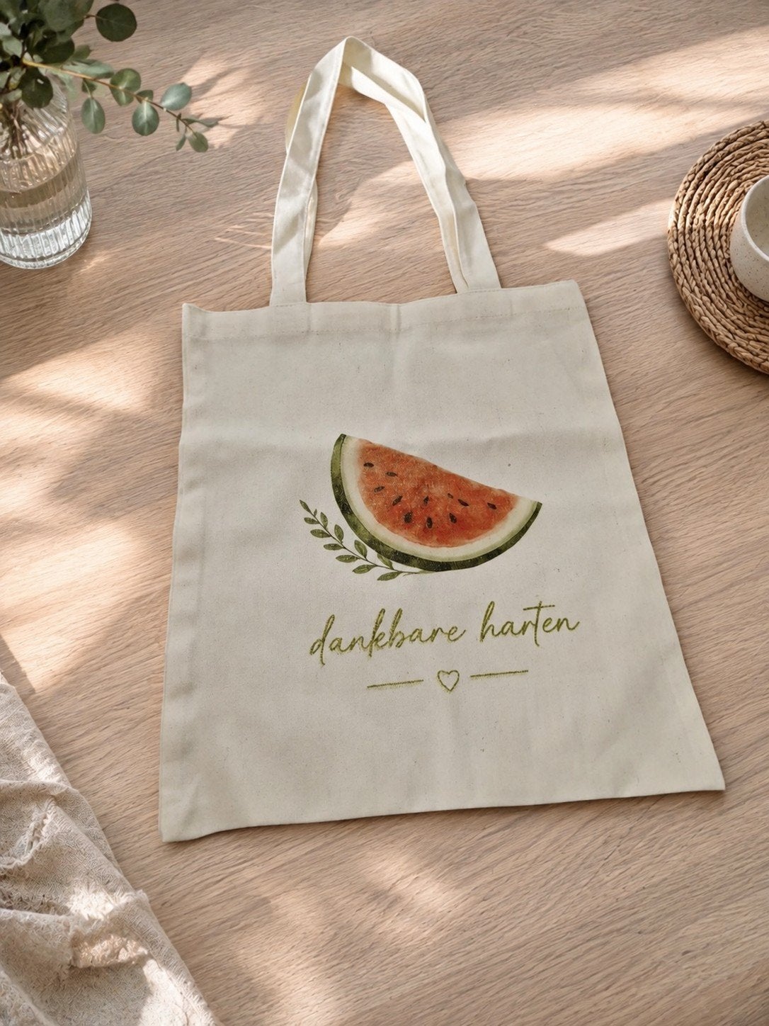 Zelf bedrukte canvastas met watermeloen en 'dankbare harten', Kleding | Dames, Handgemaakt, Ophalen of Verzenden, Nieuw