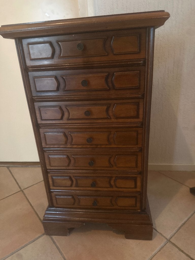 Antieke houten ladekast met 7 laden, Ophalen, Minder dan 50 cm, Gebruikt, 5 laden of meer