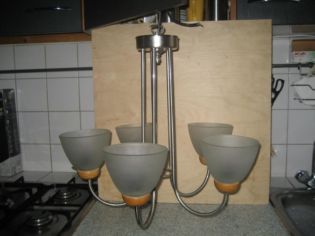 Hanglamp modern rvs 5 armig, Huis en Inrichting, Lampen | Hanglampen, Ophalen, Zo goed als nieuw, Glas, Modern