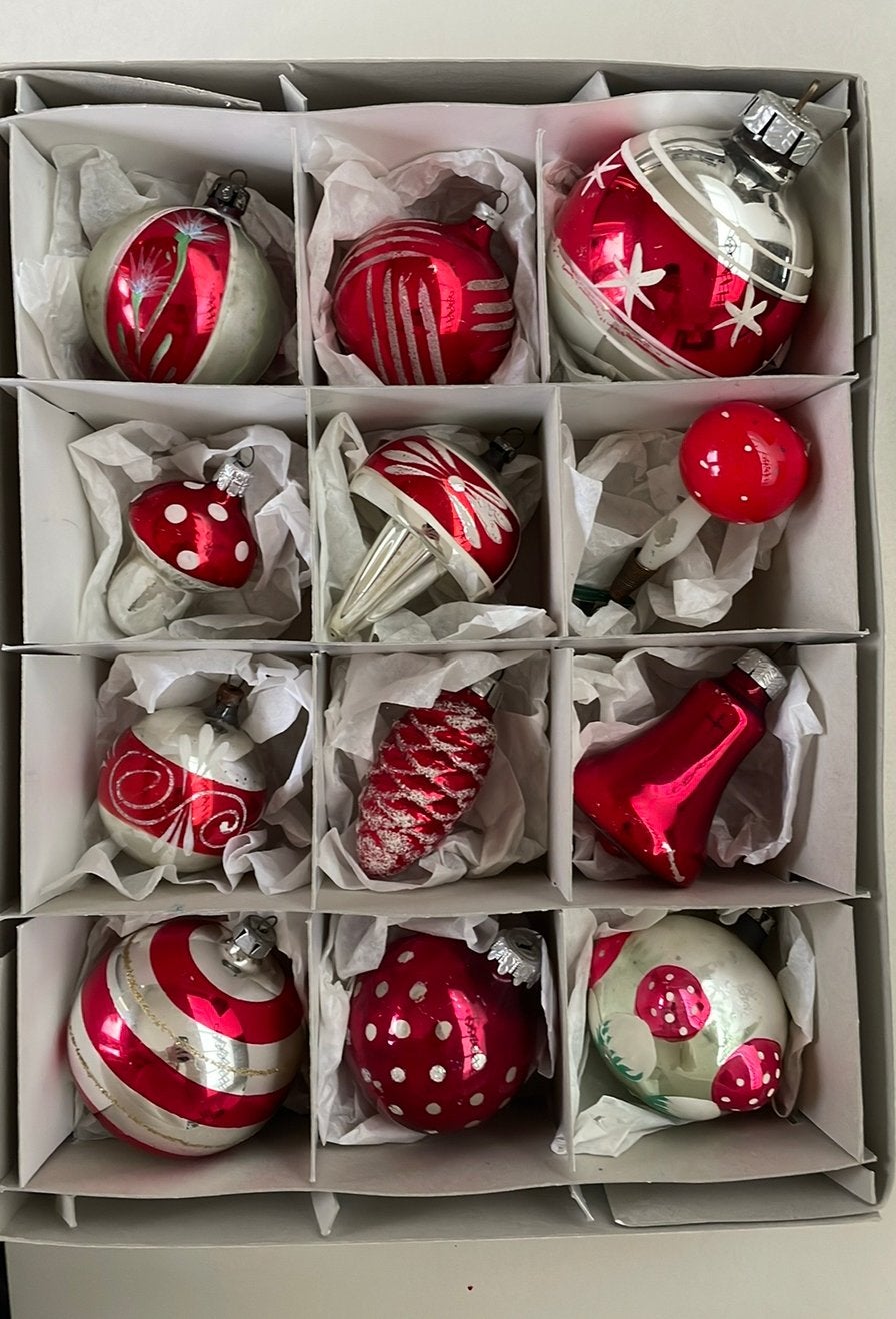 Vintage Glazen Kerstballen - Rood/Zilver, Diversen, Ophalen, Gebruikt
