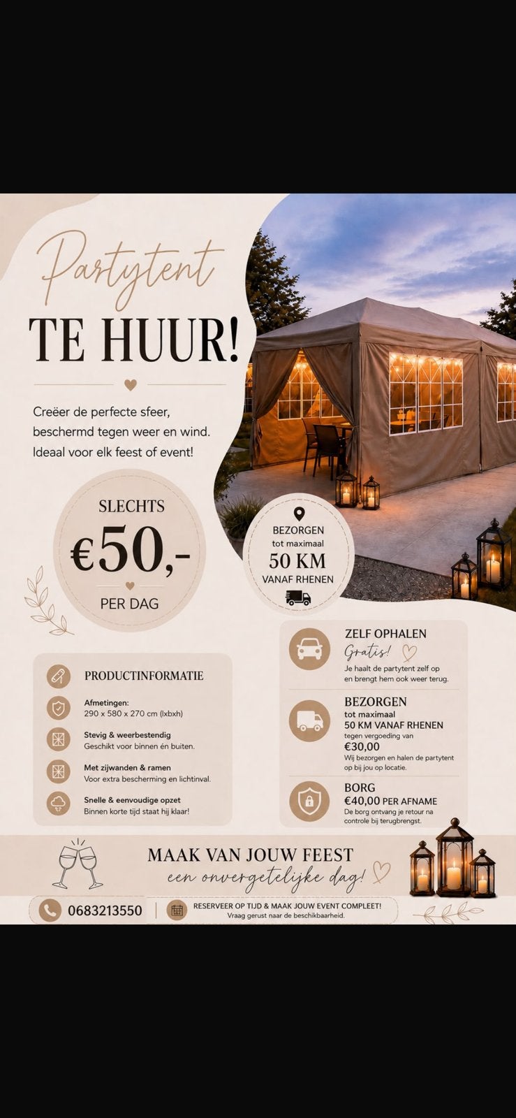 Partytent huren – 5,80 x 2,90 m – vanaf €50 per dag, Tuin en Terras, Ophalen, 5 tot 8 meter