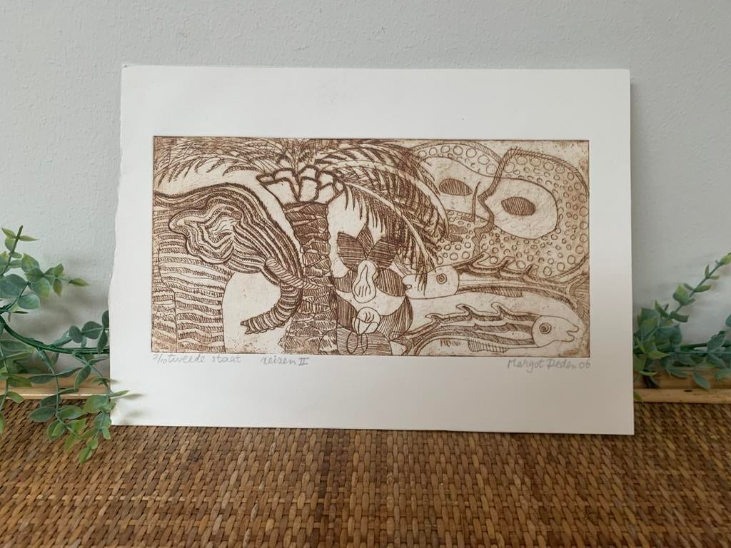 Mooi kunstwerk van olifant en vissen en palmboom., Ophalen of Verzenden