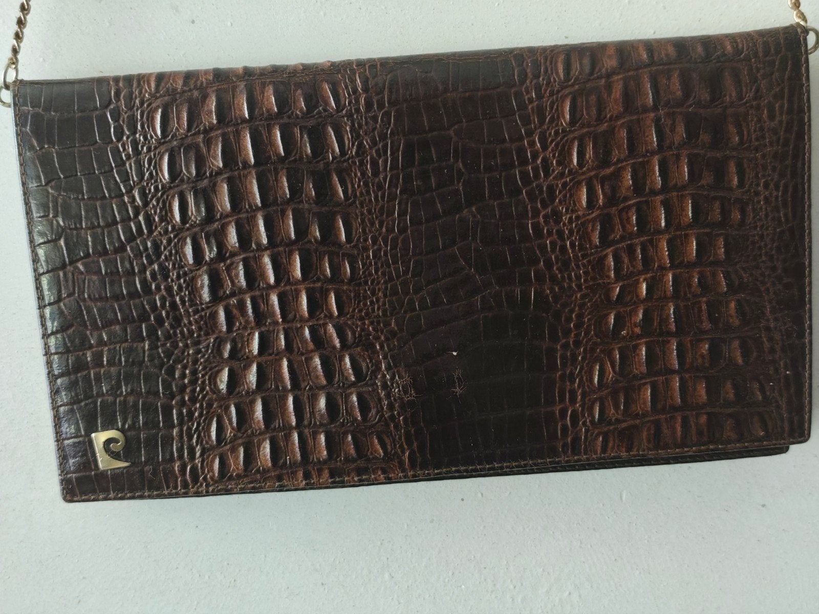 Pierre Cardin bruinleren vintage schoudertas/clutch 14x26 cm, Overige merken, Gebruikt, Bruin, Ophalen of Verzenden