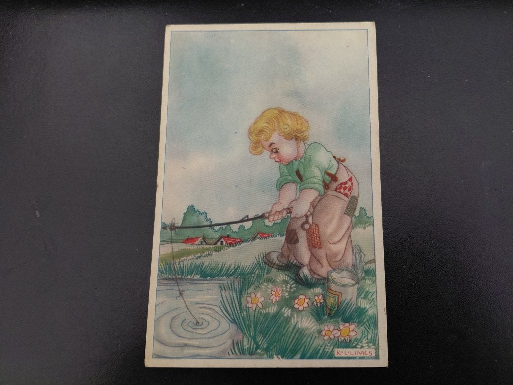Karel Links, 4 st. nette kaarten van spelende kleuters, 1945, Verzenden, 1940 tot 1960, Gelopen, Kinderen