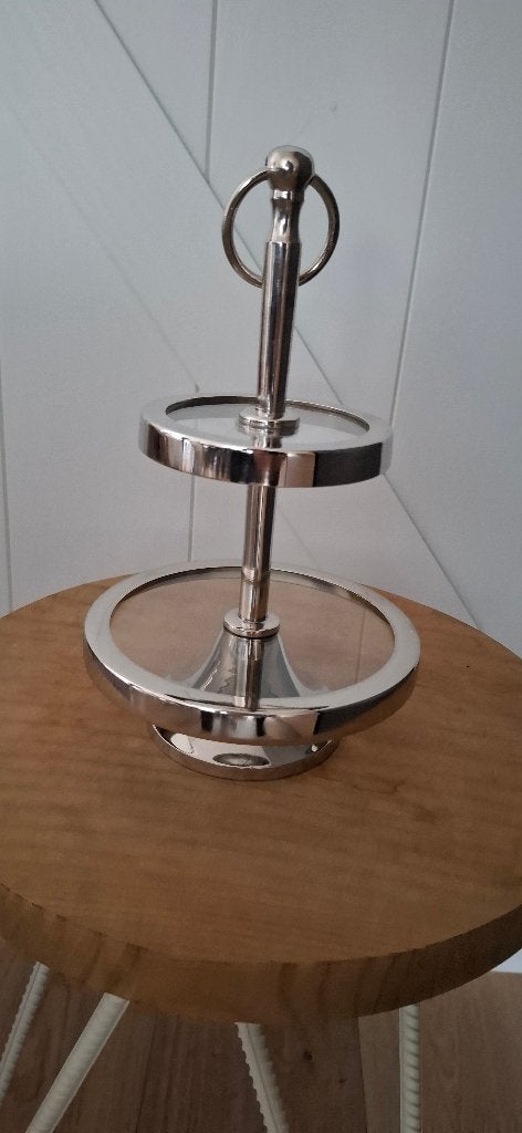 Luxe Zilverkleurige Etagère Glazen Bladen 26 cm Hoog, Etagère, Glas, Onbekend, Ophalen of Verzenden