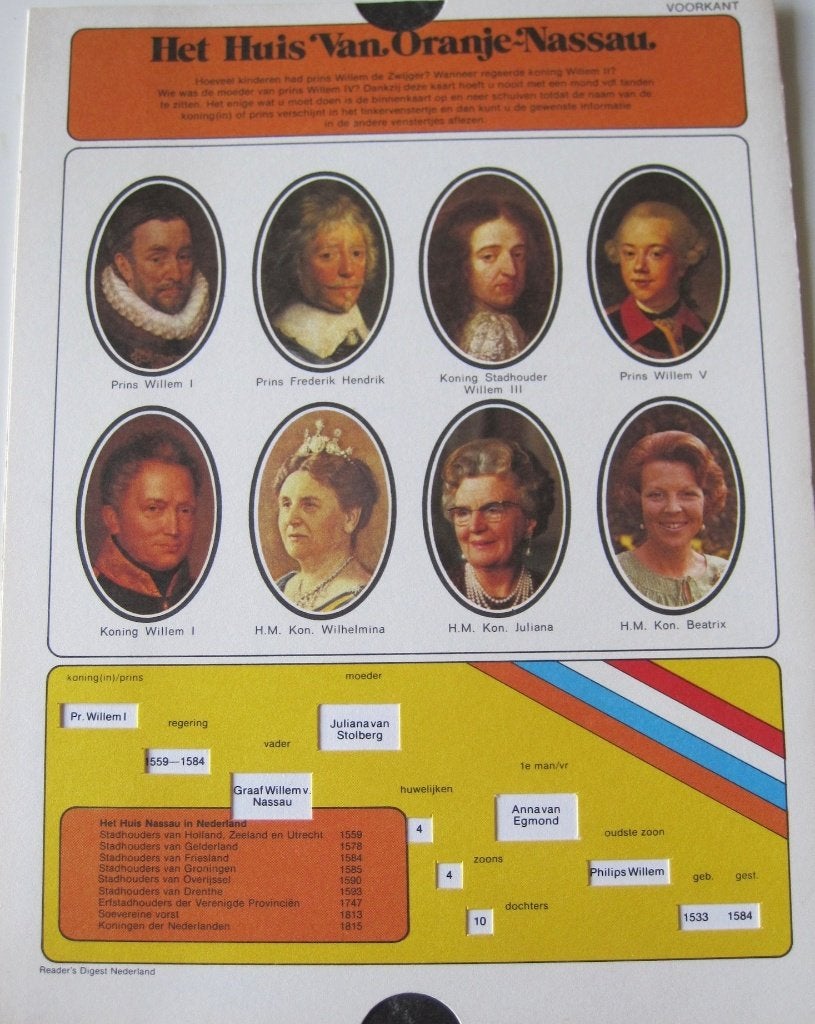 stamboom Huis van Oranje, uitgave Readers Digest - ca. 1980, Verzamelen, Ophalen of Verzenden, Zo goed als nieuw, Nederland, Kaart, Foto of Prent