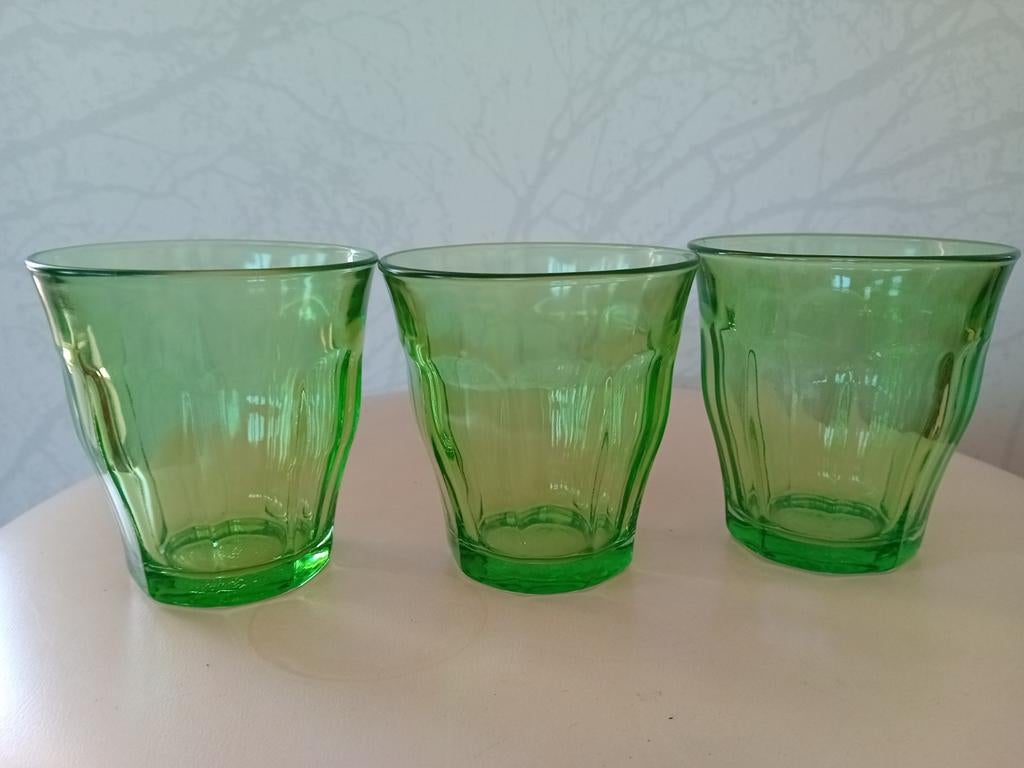 3 vintage Duralex Picardis Tumbler groene waterglazen, Ophalen of Verzenden