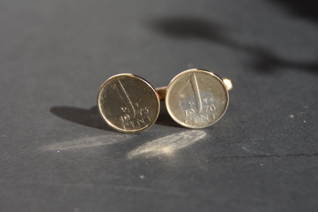 Goud vergulde manchetknopen 1 cent munten, Verzenden, Gebruikt, Goud, Verguld