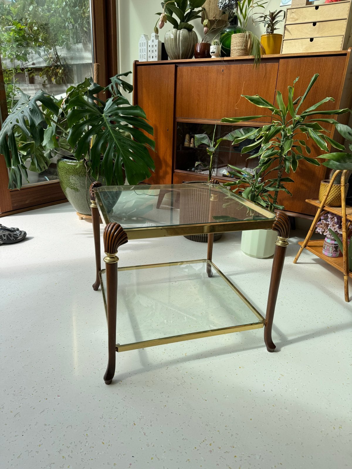 Art Deco Salon/Bijzettafel - Glas en Messing, Huis en Inrichting, Gebruikt, Vierkant, 55 tot 75 cm, Glas