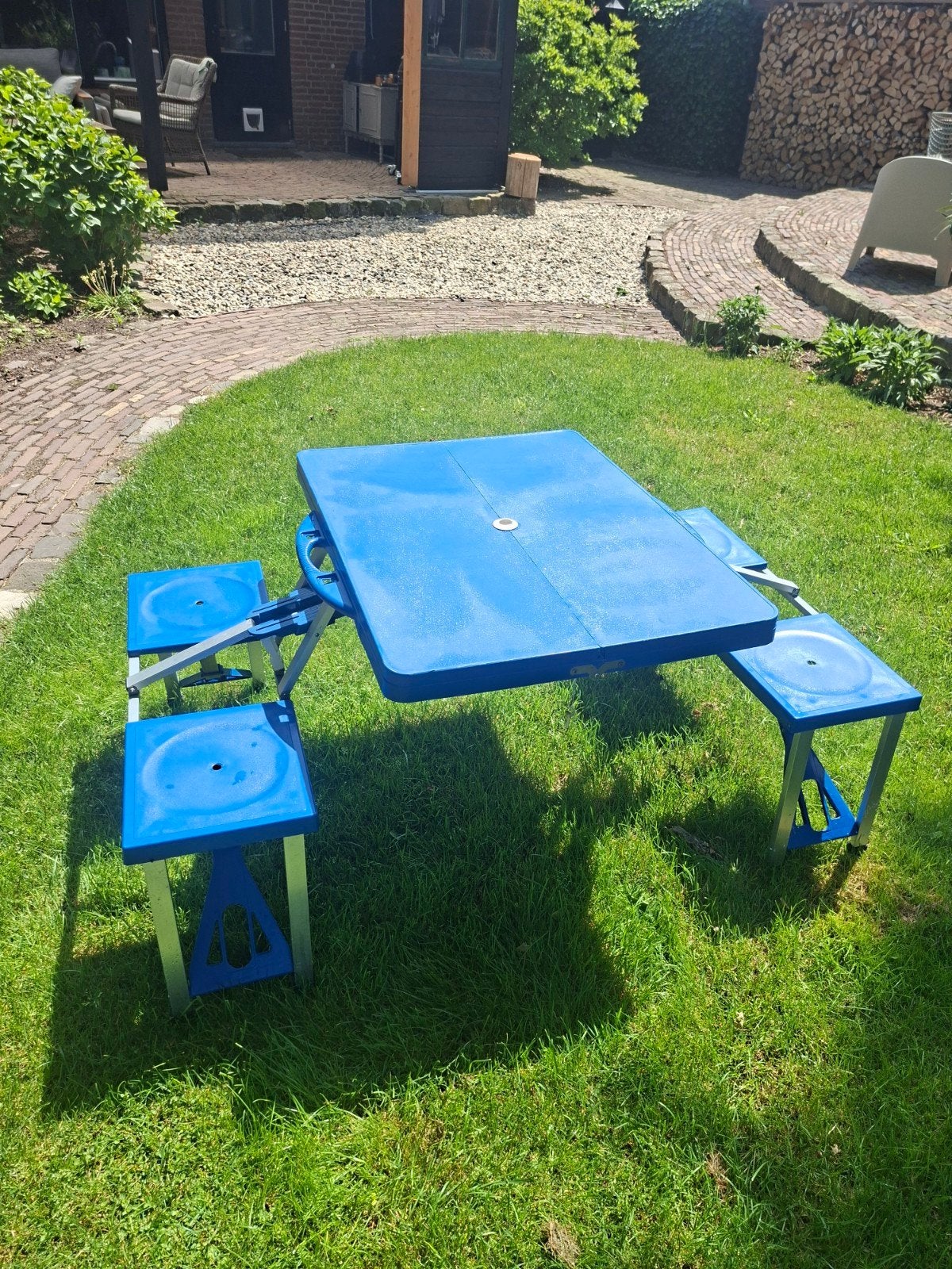 Opvouwbare campingtafel met 4 zitjes, Tuin en Terras, Ophalen of Verzenden, Gebruikt, Rechthoekig, Aluminium