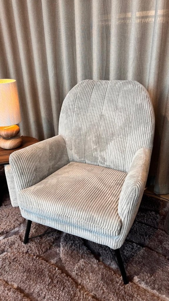 Nieuw: Lichtgroen/grijze corduroy/rib Fauteuil, Ophalen, Modern, Comfortabel, Nieuw, 75 tot 100 cm