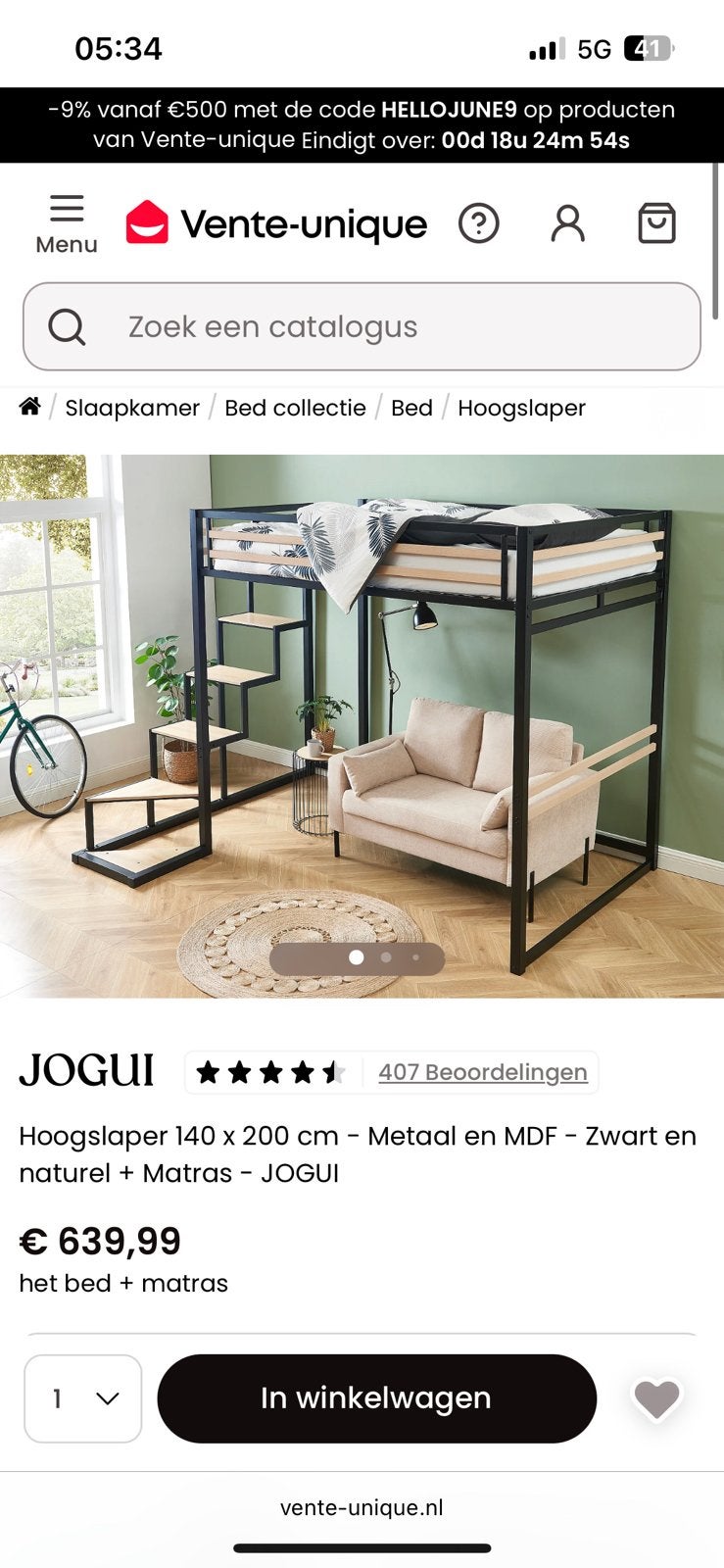 Bed Hoogslaper Met Trap Van Metaal 140 X 200 Cm - Zwart, Huis en Inrichting, Slaapkamer | Stapelbedden en Hoogslapers, Ophalen