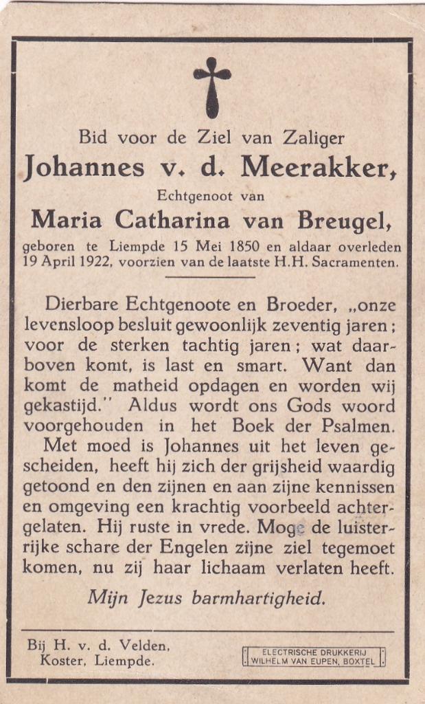 Meerakker Johannes 1850 Liempde 1922, Ophalen of Verzenden, Bidprentje