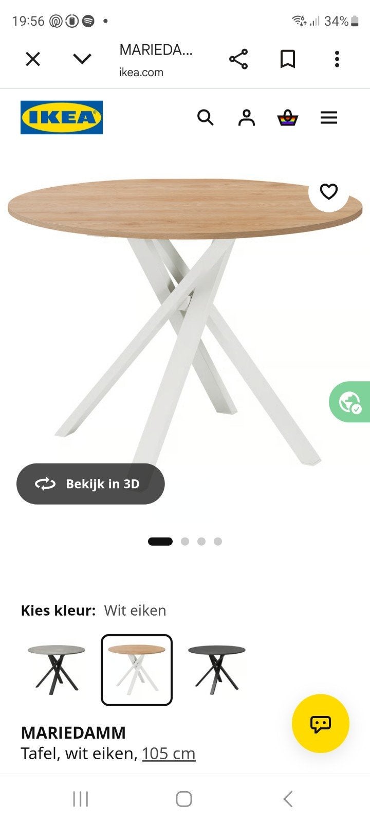 Gezocht: IKEA MARIEDAMM ronde eettafel, wit eiken, 105 cm, Ophalen, Rond, Zo goed als nieuw, Vier personen