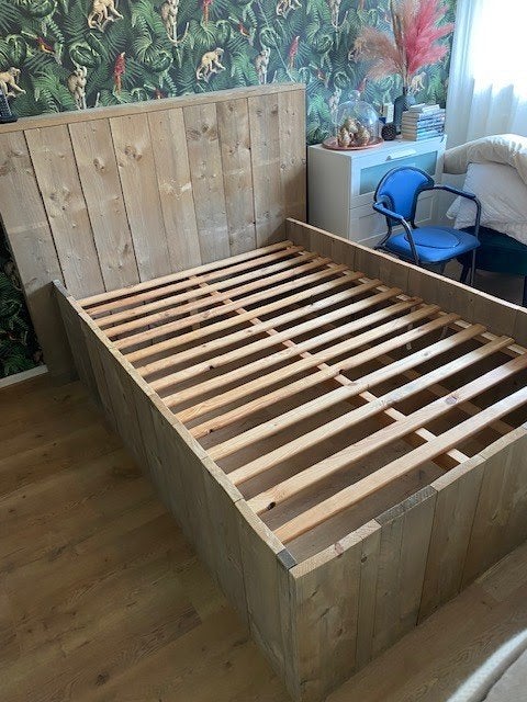 Steigerhouten bed, Huis en Inrichting, Slaapkamer | Bedden, Ophalen, Gebruikt, Steigerhout, Tweepersoons