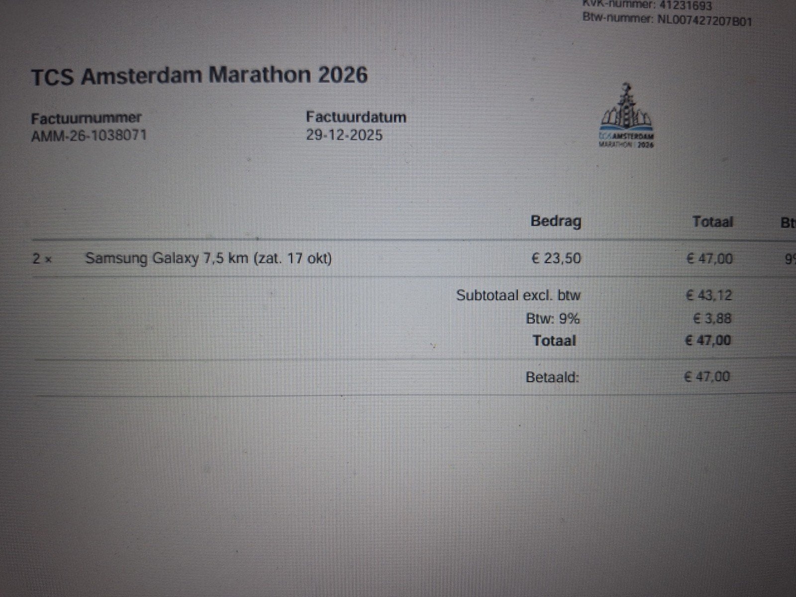 2 startbewijzen Amsterdam Marathon 7,5 km originele prijs, Twee personen, Oktober