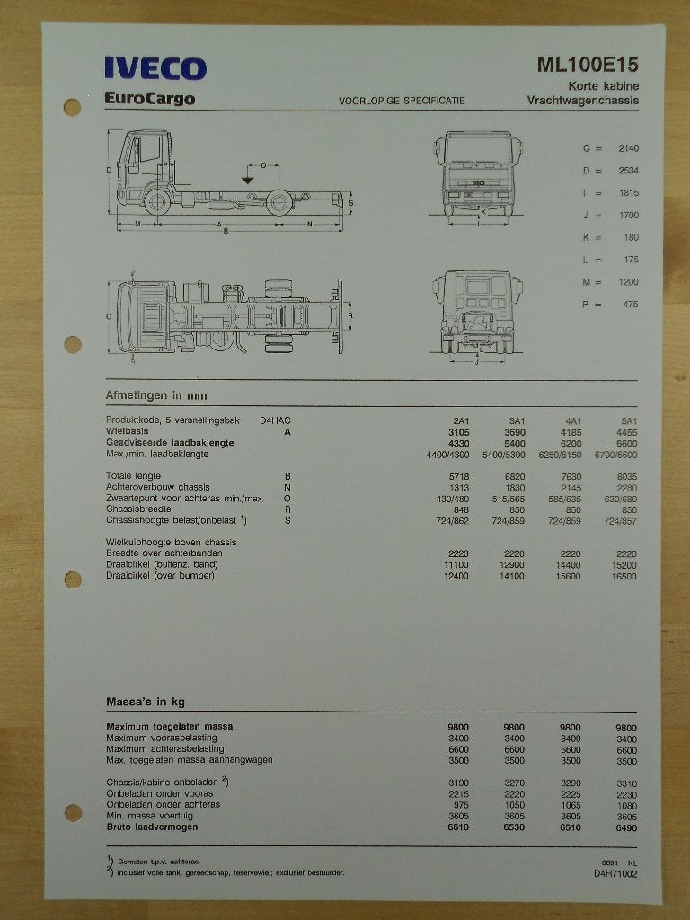 Iveco EuroCargo ML100 Technische Specificatie Brochure 1991, Iveco, Ophalen of Verzenden, Zo goed als nieuw, Overige merken