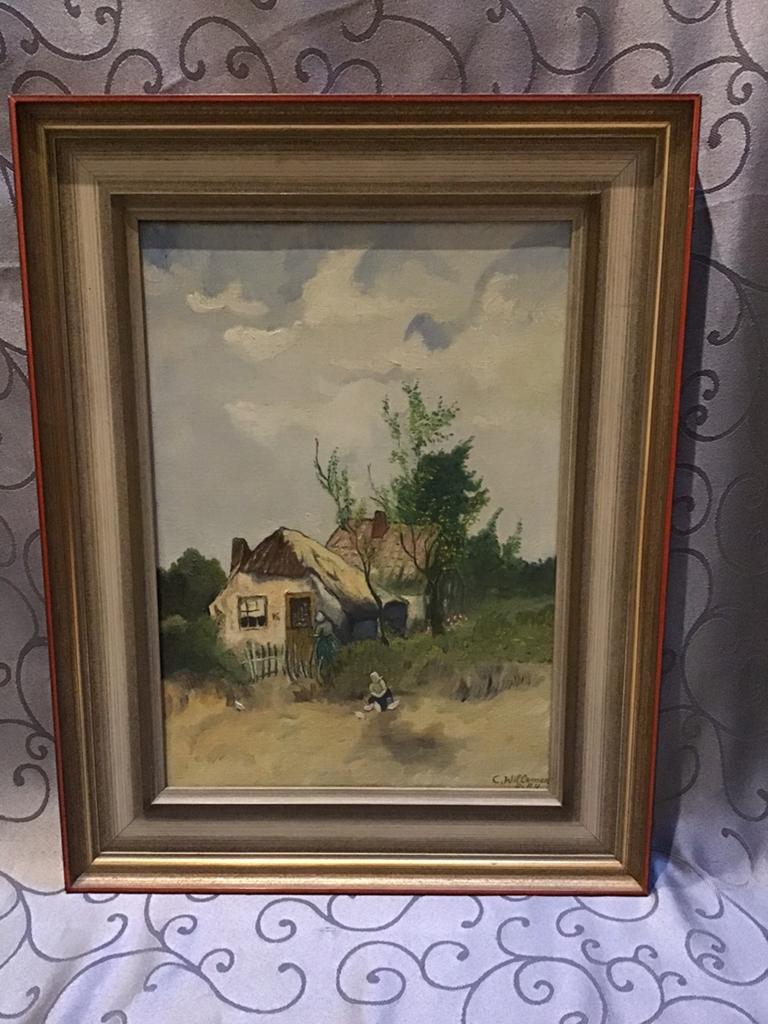 Schilderij oude boerderij in houten lijst. 46x36 cm, Ophalen
