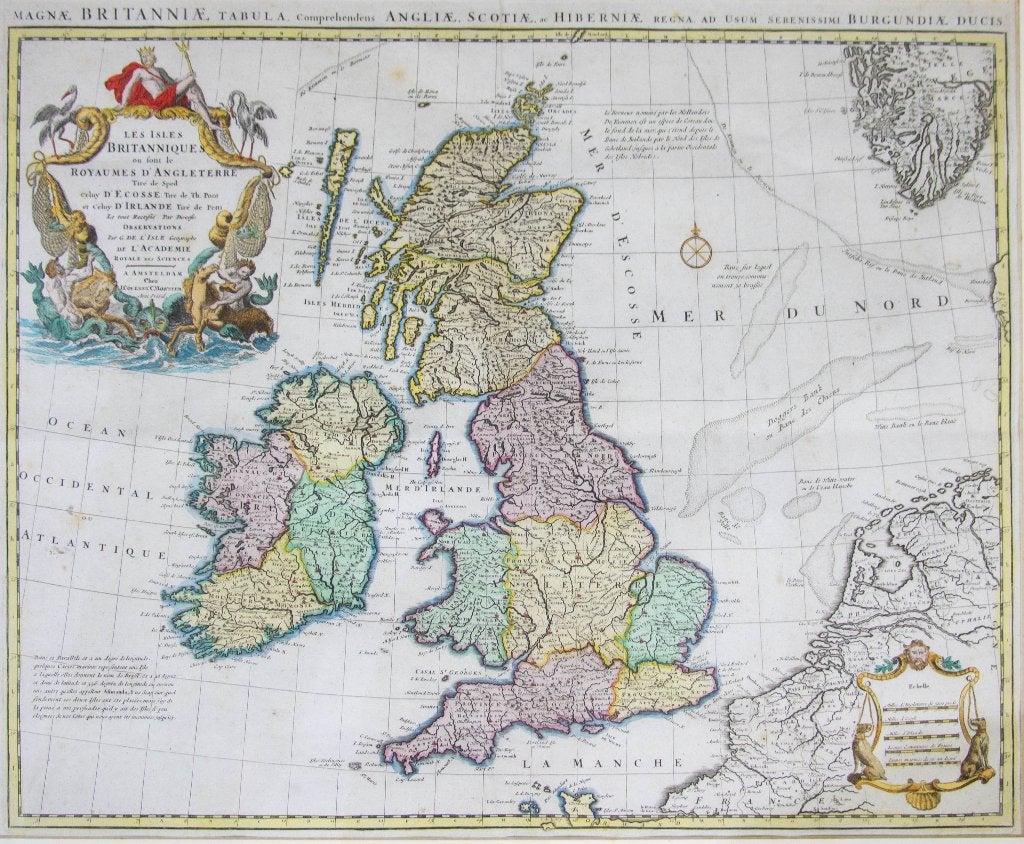 Great Britain & Ireland hand colored engraved map ca 1730, Antiek en Kunst, Ophalen, Met monogram, Cartografie, Gravure