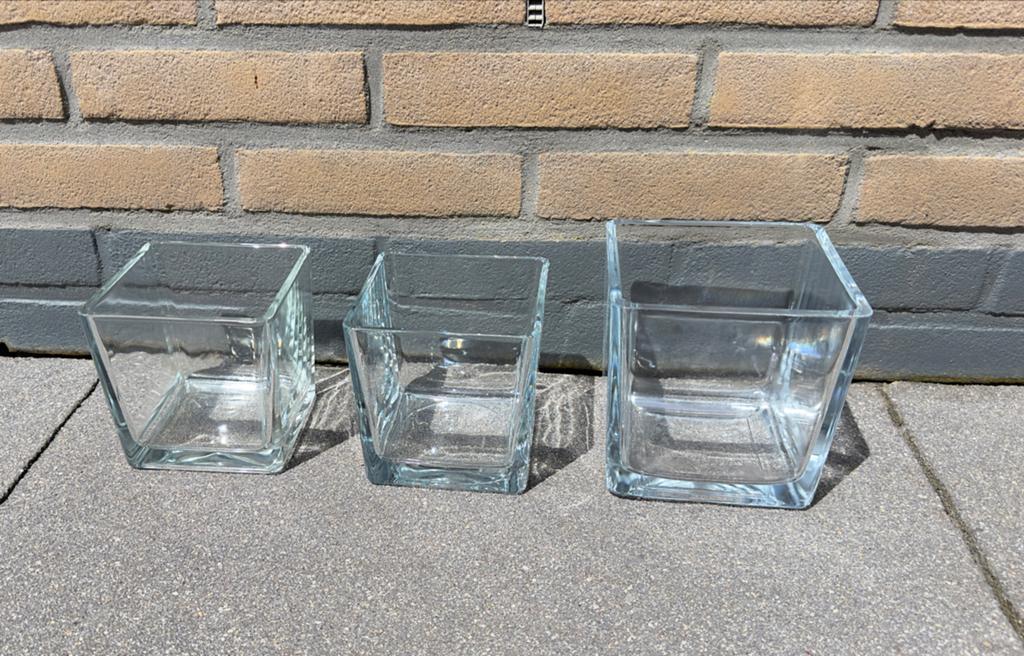 Set van 3 glazen vazen/potten in verschillende maten, Gebruikt, Schaal, Vierkant, Ophalen of Verzenden
