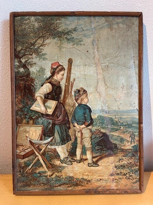 Antieke brocante wandplaat op hout romantisch tafereel, Ophalen of Verzenden, Portret en Figuren, Lithografie