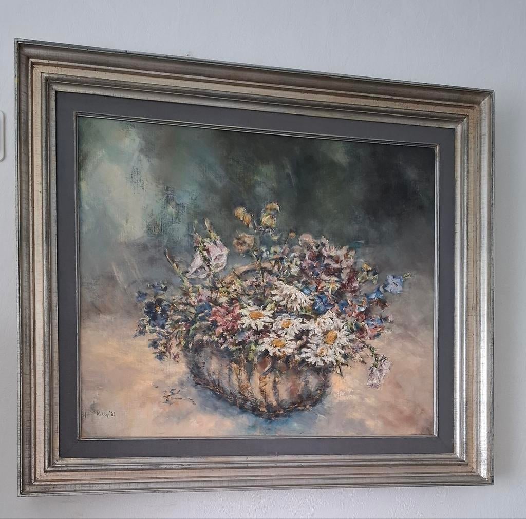 Schilderij: Bloemenvaas, gesigneerd 'Nellie, Antiek en Kunst, Ophalen