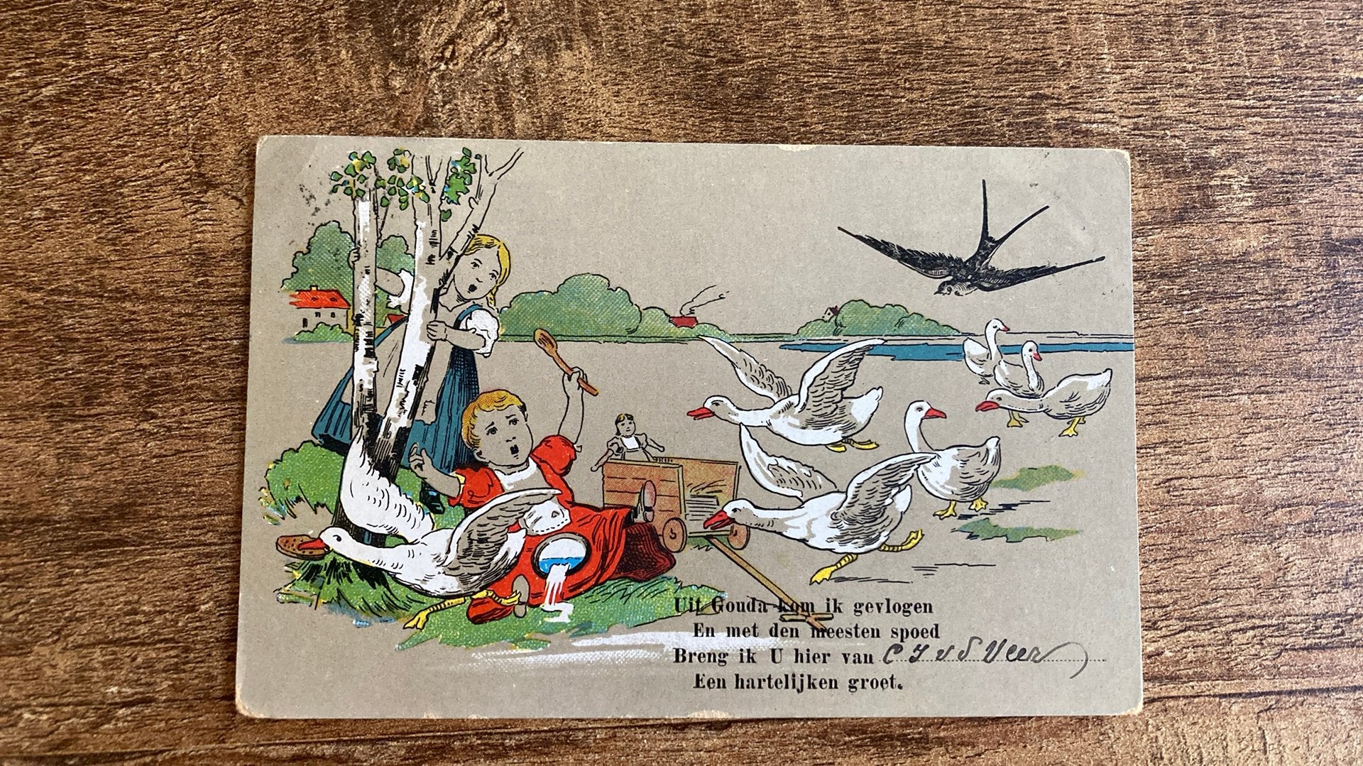 Oude ansichtkaart Groeten uit Gouda 1907 fantasie, Ophalen of Verzenden, Voor 1920, Gelopen, Zuid-Holland
