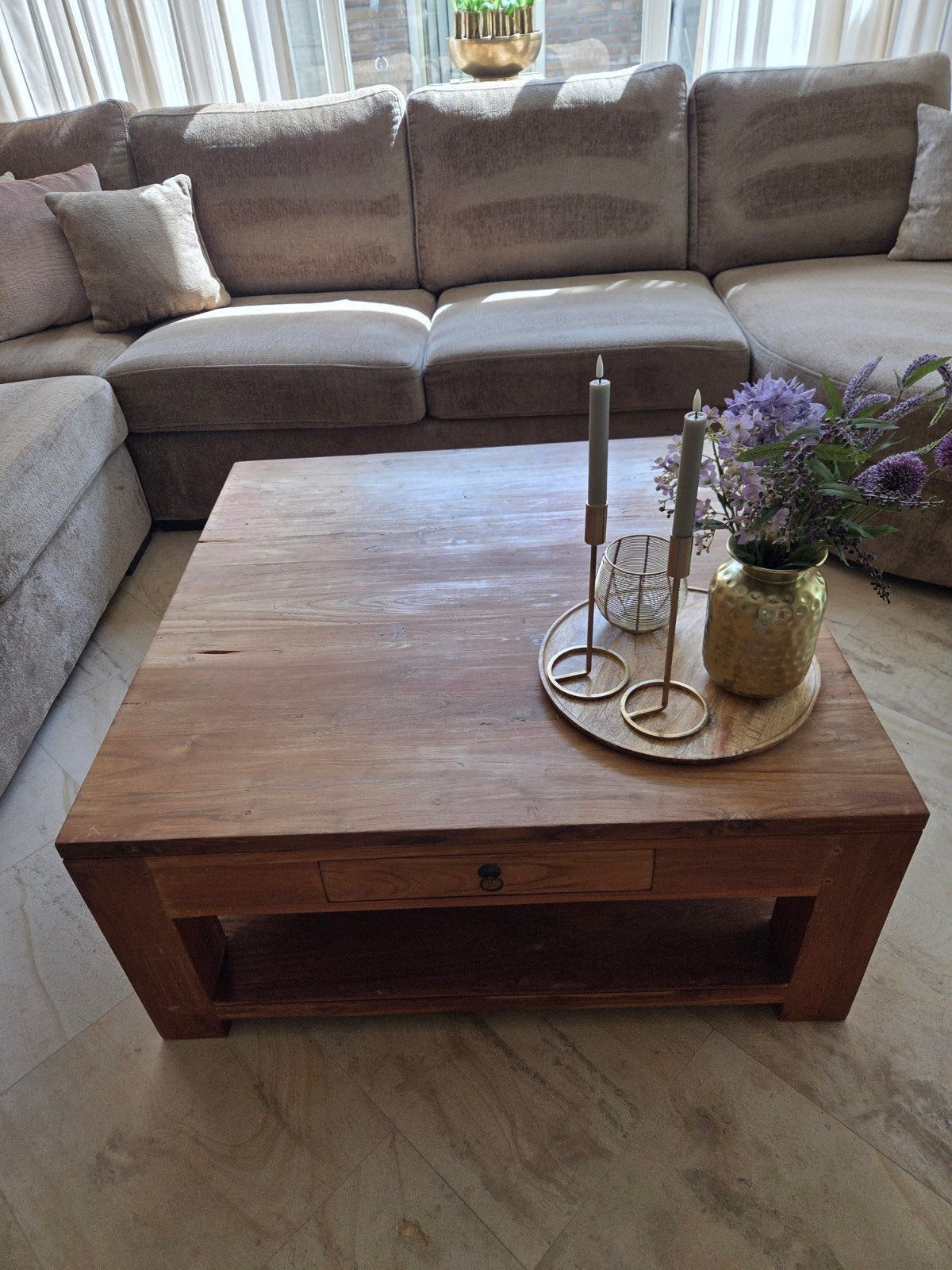 Salontafel teakhout 100x100x45 cm, Huis en Inrichting, Ophalen, Gebruikt, Vierkant, 5 – 50